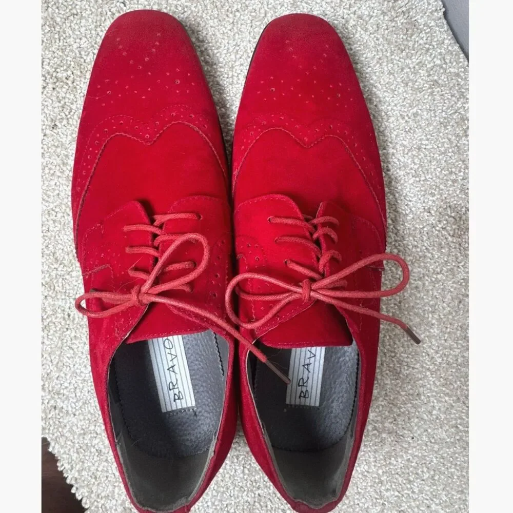 Bravo Milano Men's 10.5W Red Suede Wingtip Derby Oxford Dress Shoes Wide Formal